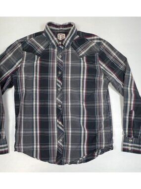 Levi's Western Wear Men M Gray Plaid Pearl Snap Button Down Shirt Long Sleeve